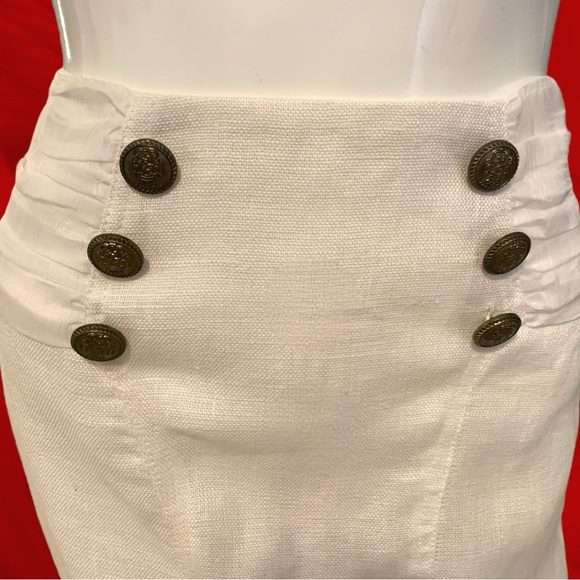 INSIGHT WHITE LINEN PENCIL SKIRT BRONZE BUTTON & CHIFFON ACCENTS WOMEN’S SIZE 8. - Picture 5 of 10